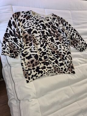 Susan Graver Black and Cream Leopard-Print Cardigan with Embellishment